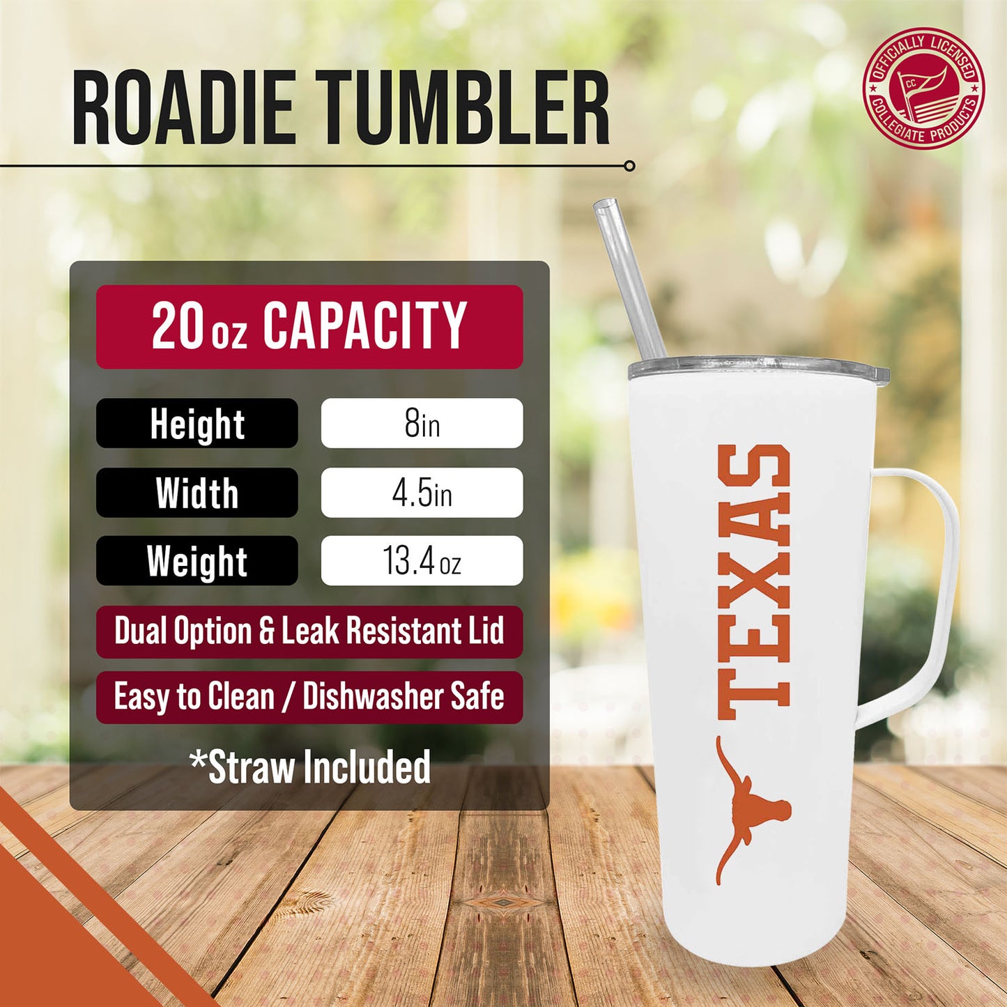 Texas Longhorns NCAA Stainless Steel 20oz Roadie With Handle & Dual Option Lid With Straw - White