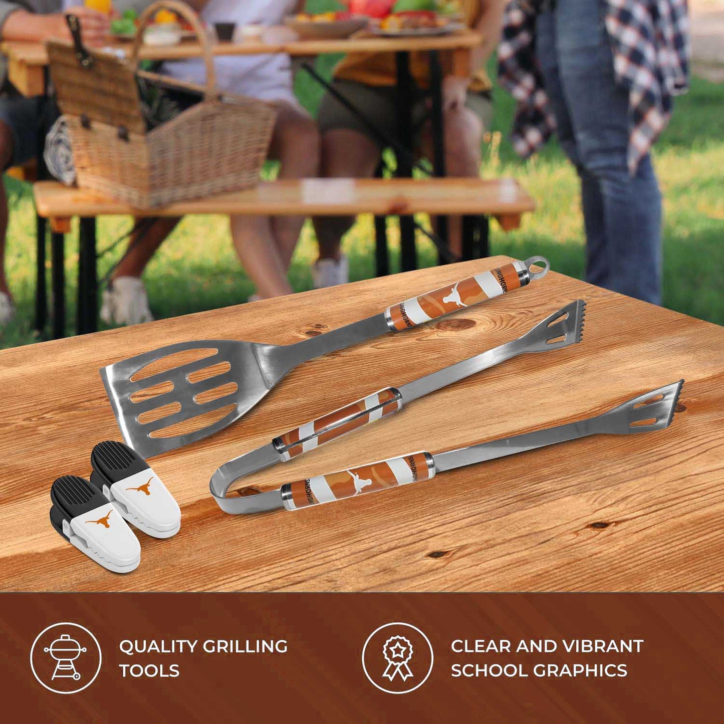 Texas Longhorns Collegiate University Two Piece Grilling Tools Set with 2 Magnet Chip Clips - Chrome