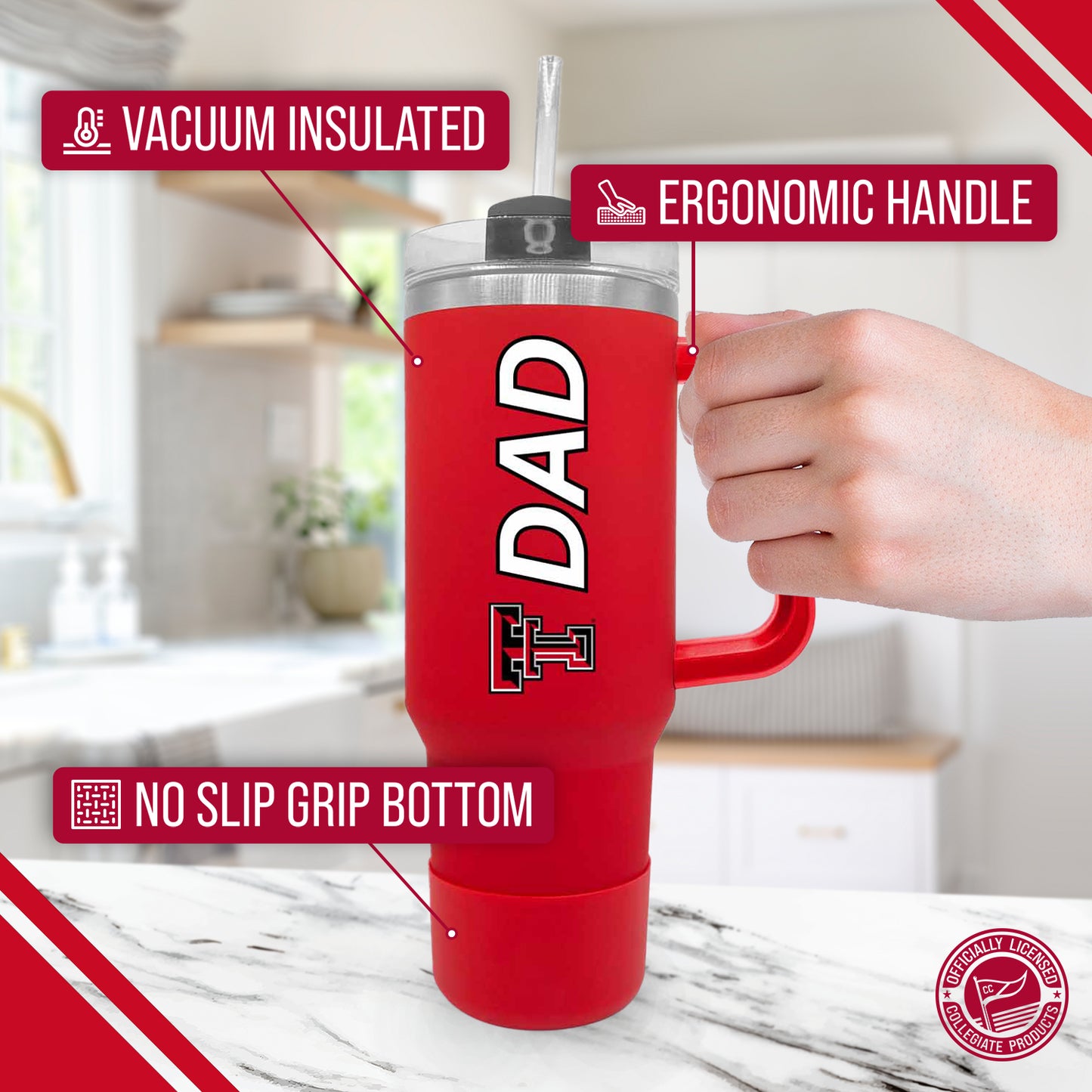 Texas Tech Red Raiders Collegiate 40oz Stainless Steel Travel Tumbler with Handle for Dad - Red