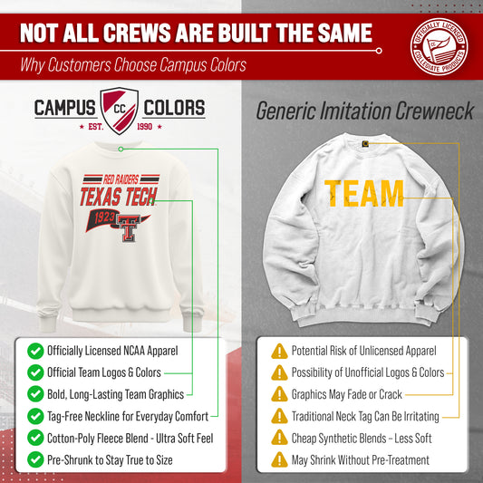 Texas Tech Red Raiders NCAA Adult Unisex Varsity Club Pennant Crewneck Fleece Sweatshirt - Off White