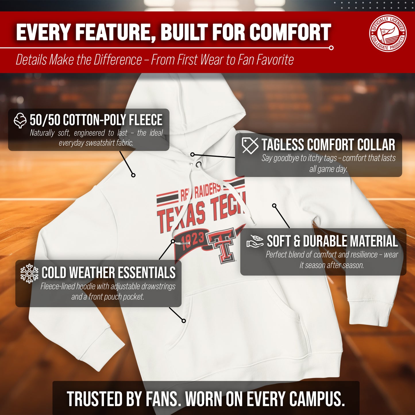 Texas Tech Red Raiders NCAA Adult Unisex Varsity Club Pennant Hooded Fleece Sweatshirt - Off White