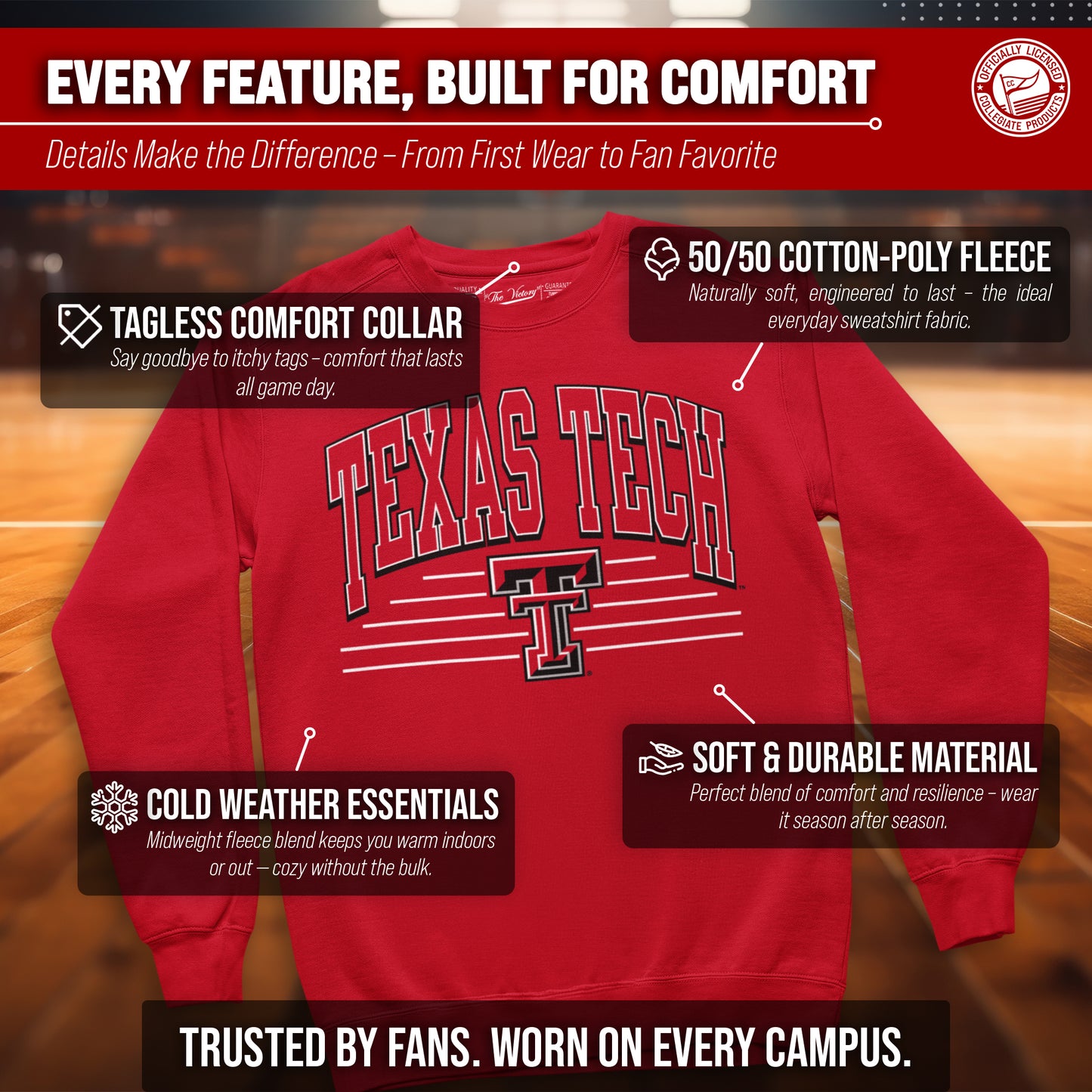 Texas Tech Red Raiders NCAA Adult Unisex Overtime Classics Crewneck Fleece Sweatshirt - Red