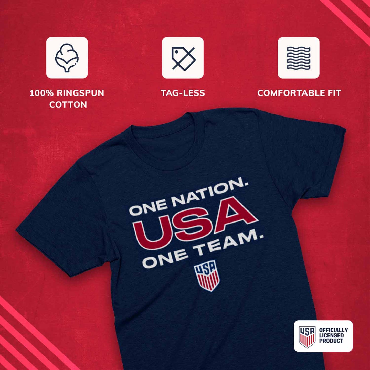 USA National Team The Victory Officially Licensed Unisex Adult US National Soccer Team One Nation One Team Slogan Short Sleeve T-Shirt - Navy