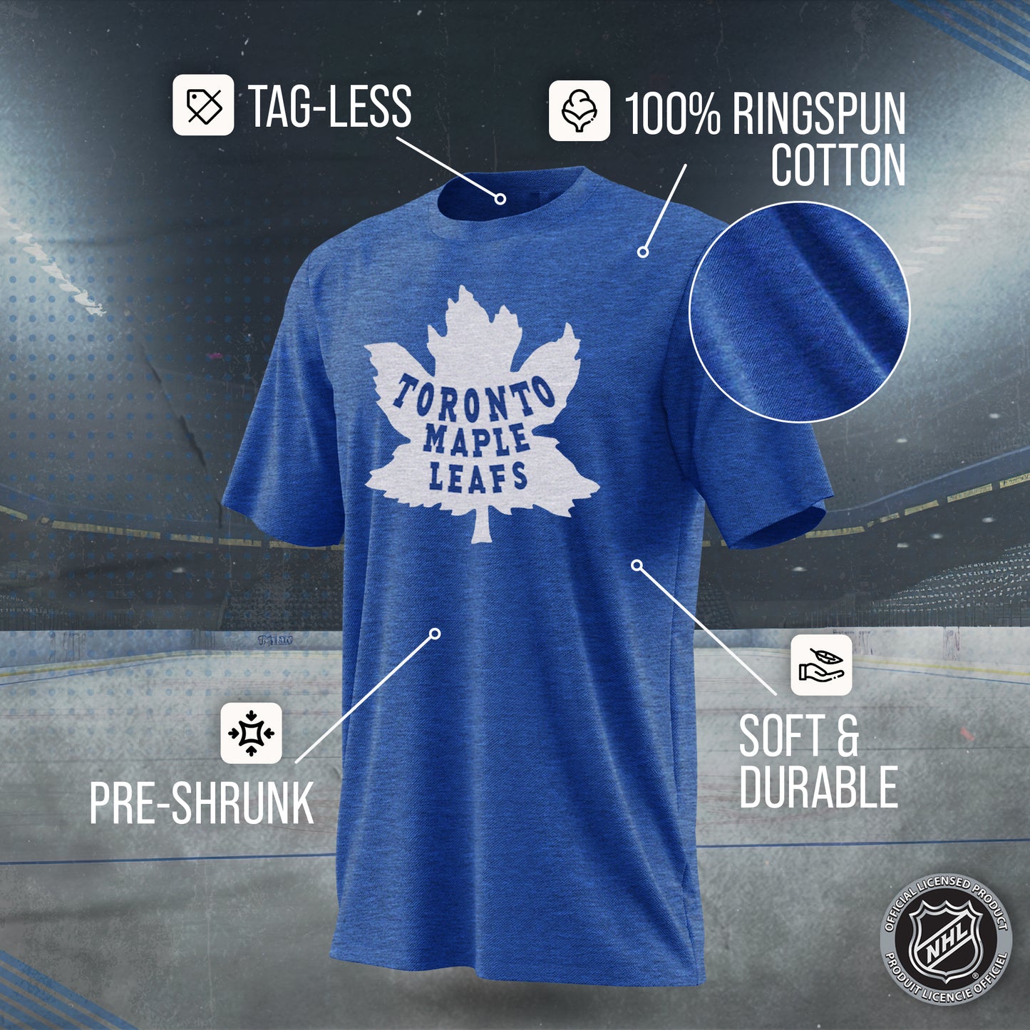 Toronto Maple Leafs NHL Adult Retro Logo Tag-Less T-Shirt - Royal Heather