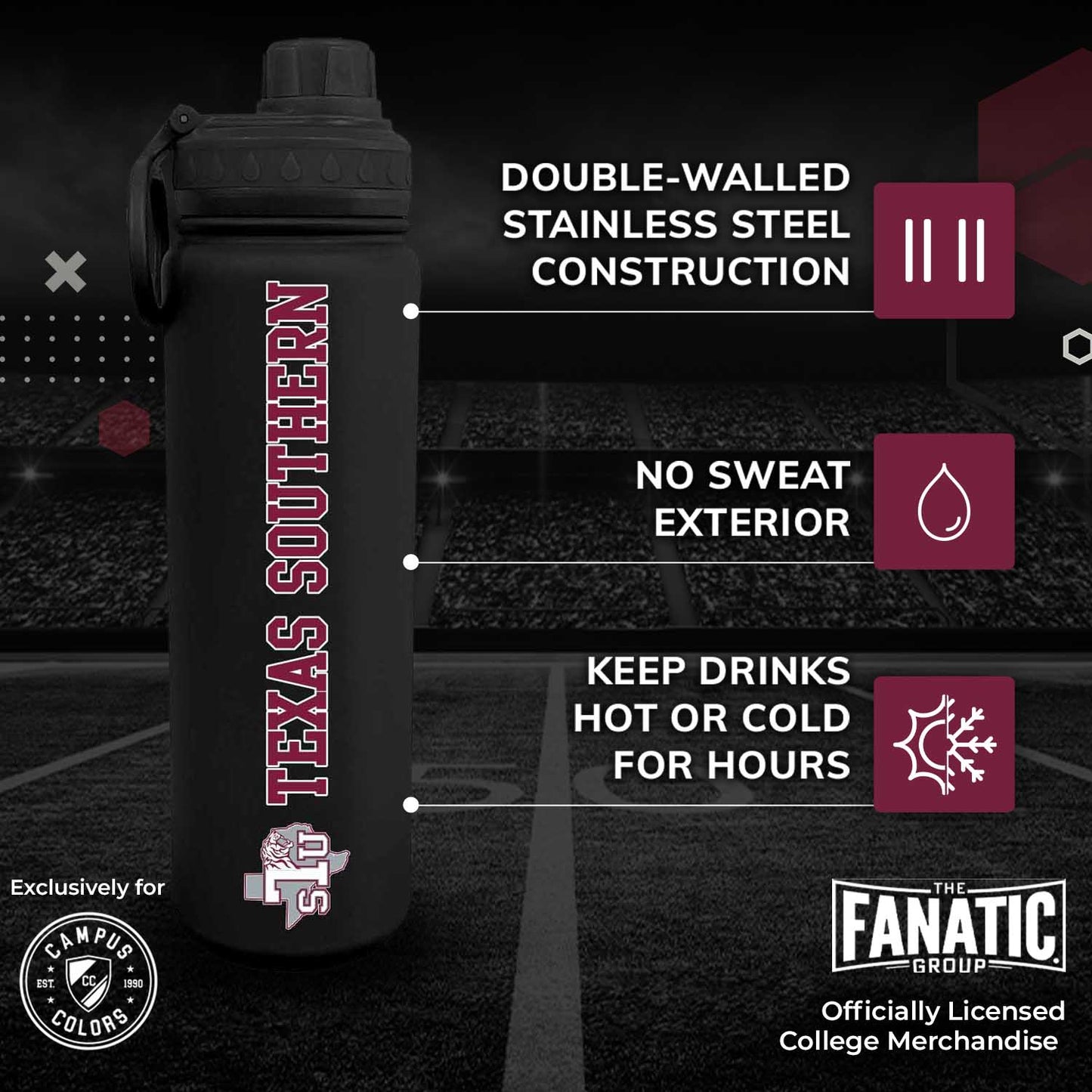 Texas Southern University NCAA Stainless Steel Water Bottle - Black