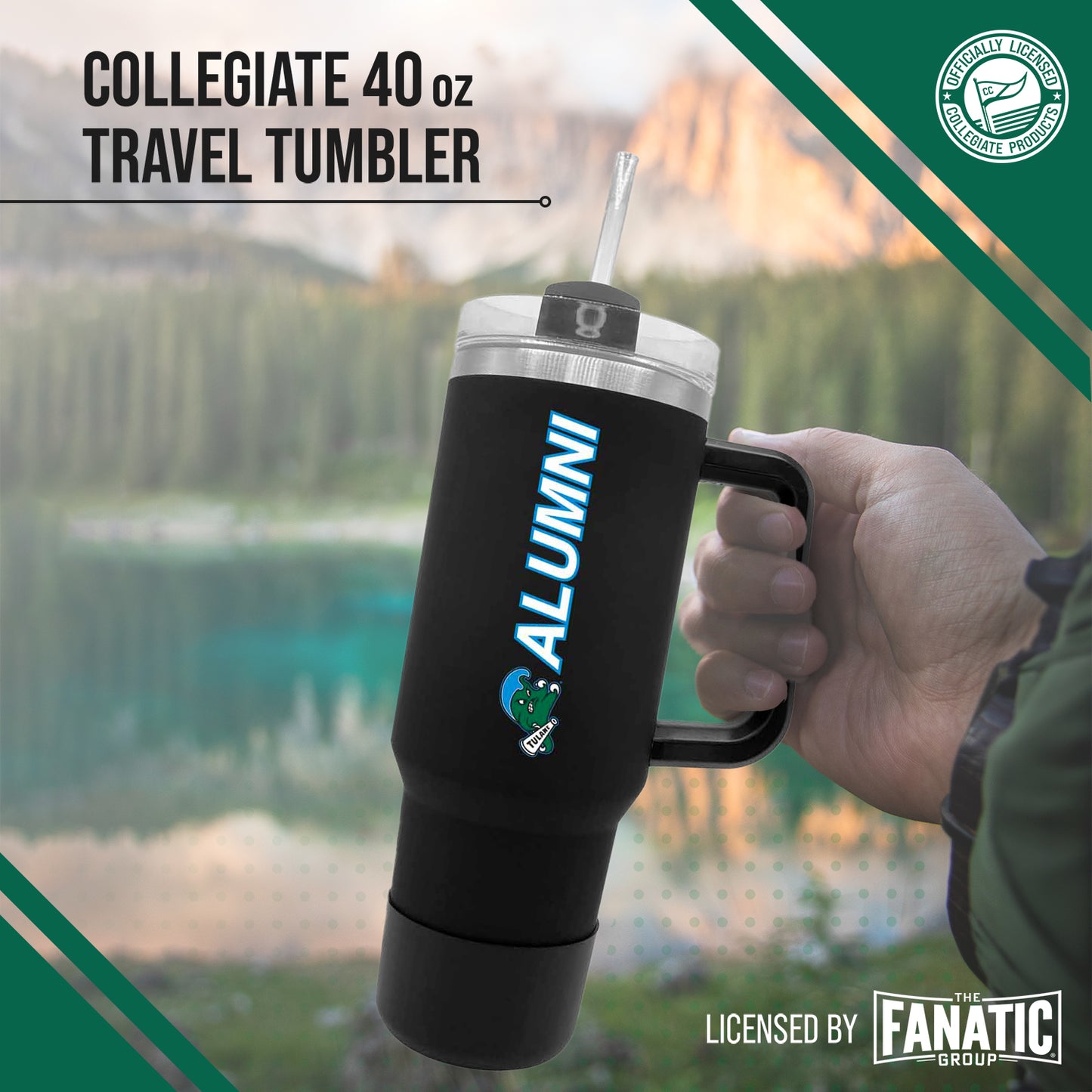 Tulane Green Wave Collegiate 40oz Stainless Steel Travel Tumbler with Handle for Alumni - Black