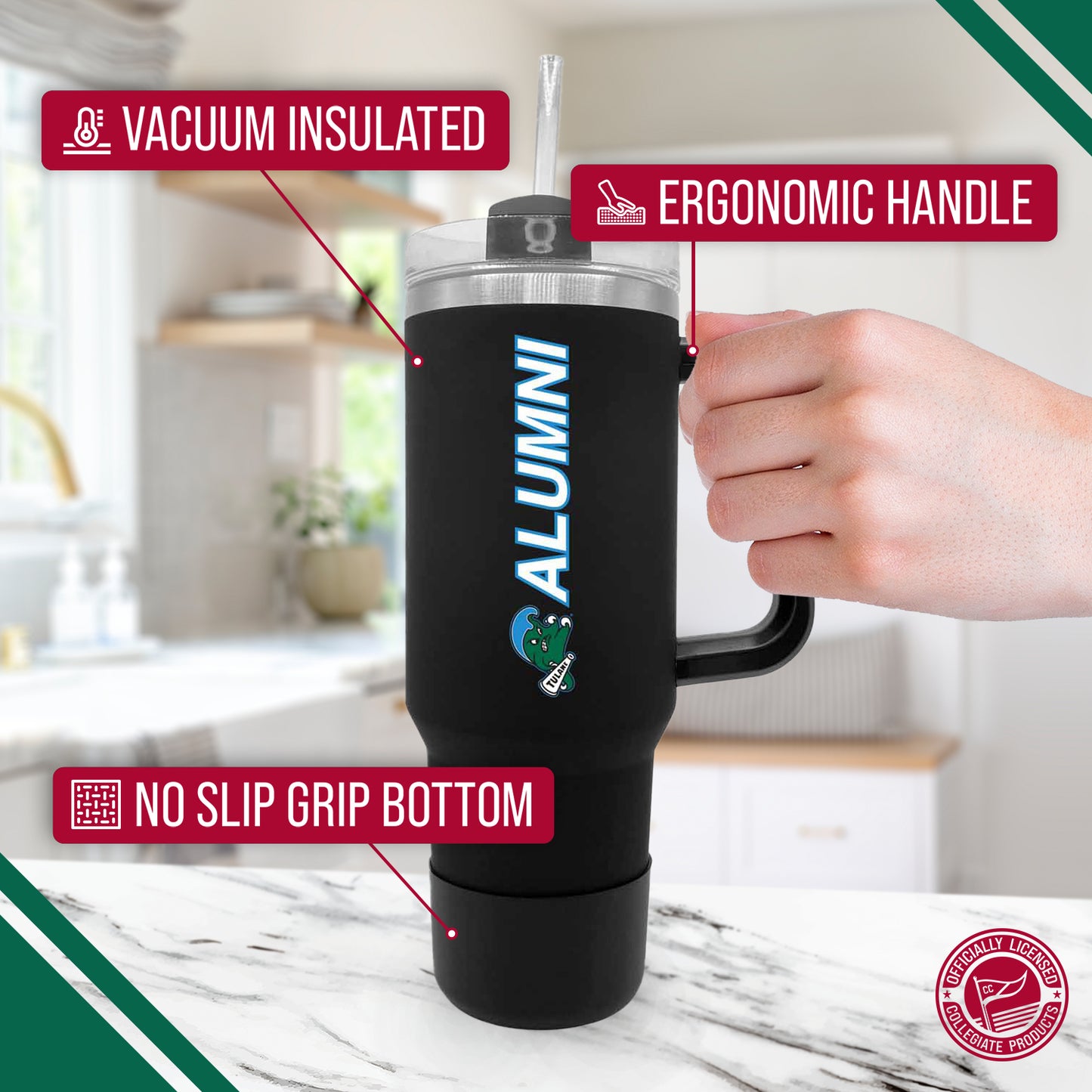 Tulane Green Wave Collegiate 40oz Stainless Steel Travel Tumbler with Handle for Alumni - Black