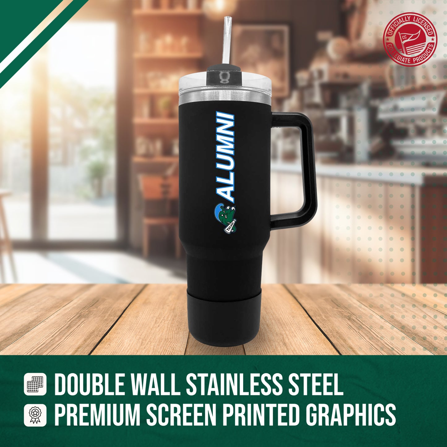 Tulane Green Wave Collegiate 40oz Stainless Steel Travel Tumbler with Handle for Alumni - Black