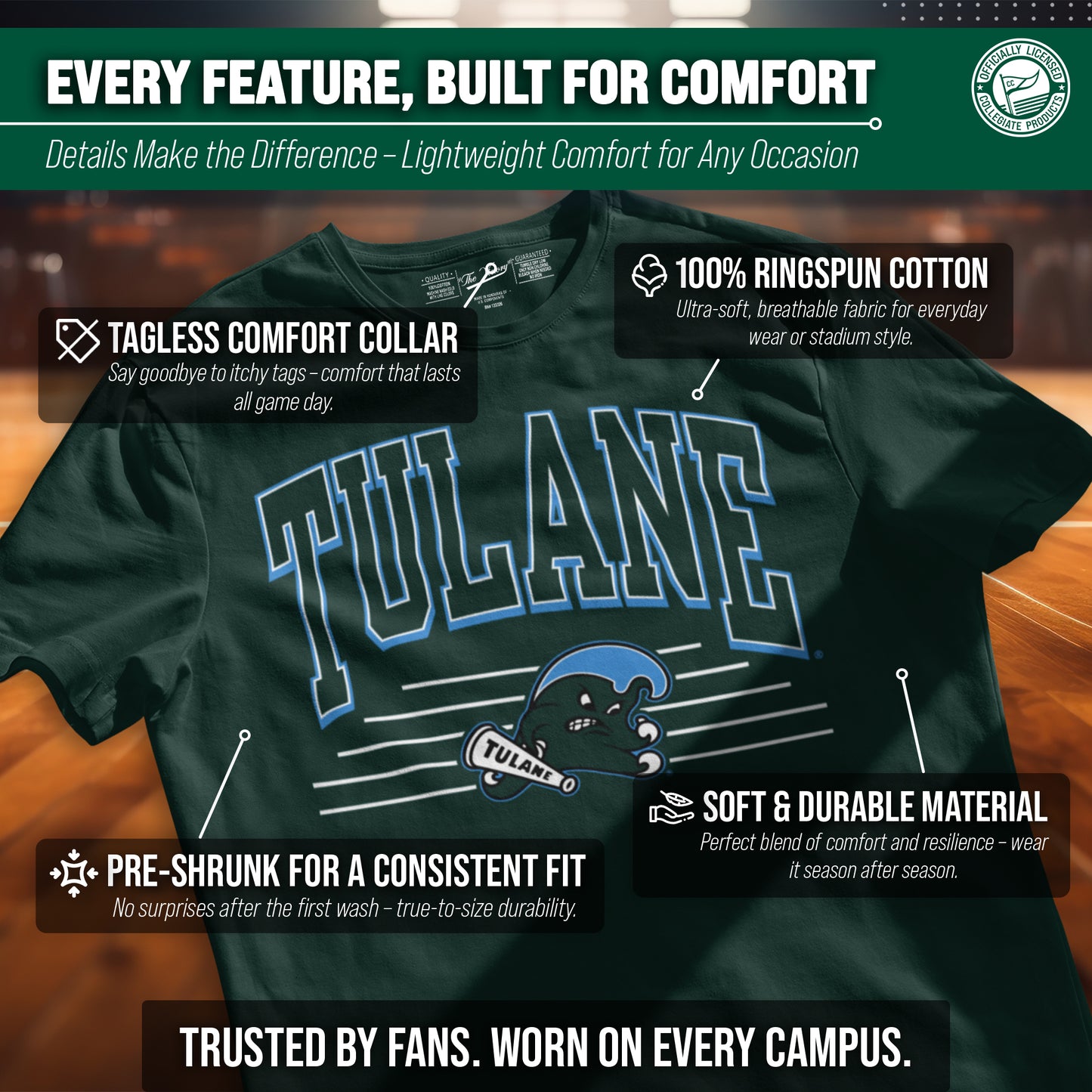 Tulane Green Wave NCAA Adult Unisex Overtime Classics T-Shirt - Forest Green