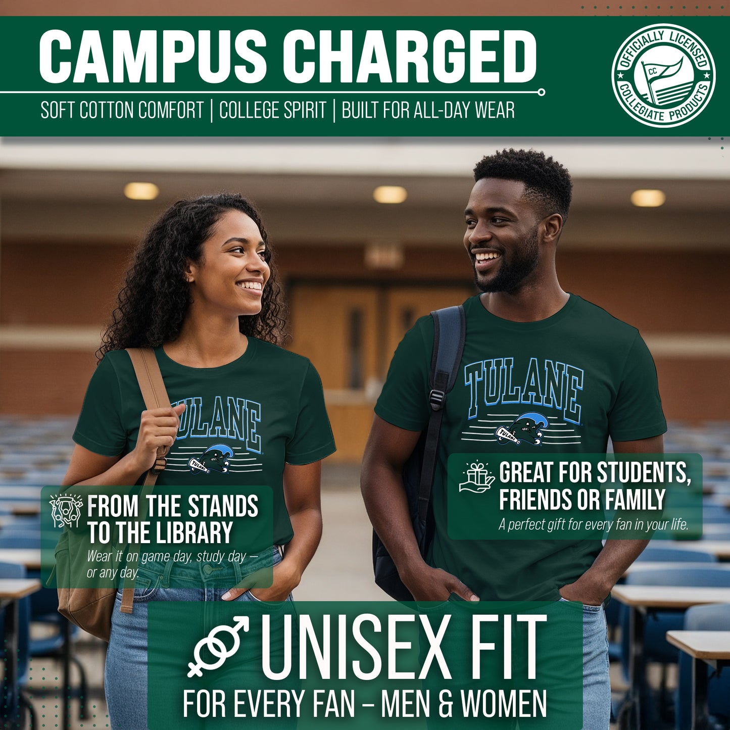 Tulane Green Wave NCAA Adult Unisex Overtime Classics T-Shirt - Forest Green
