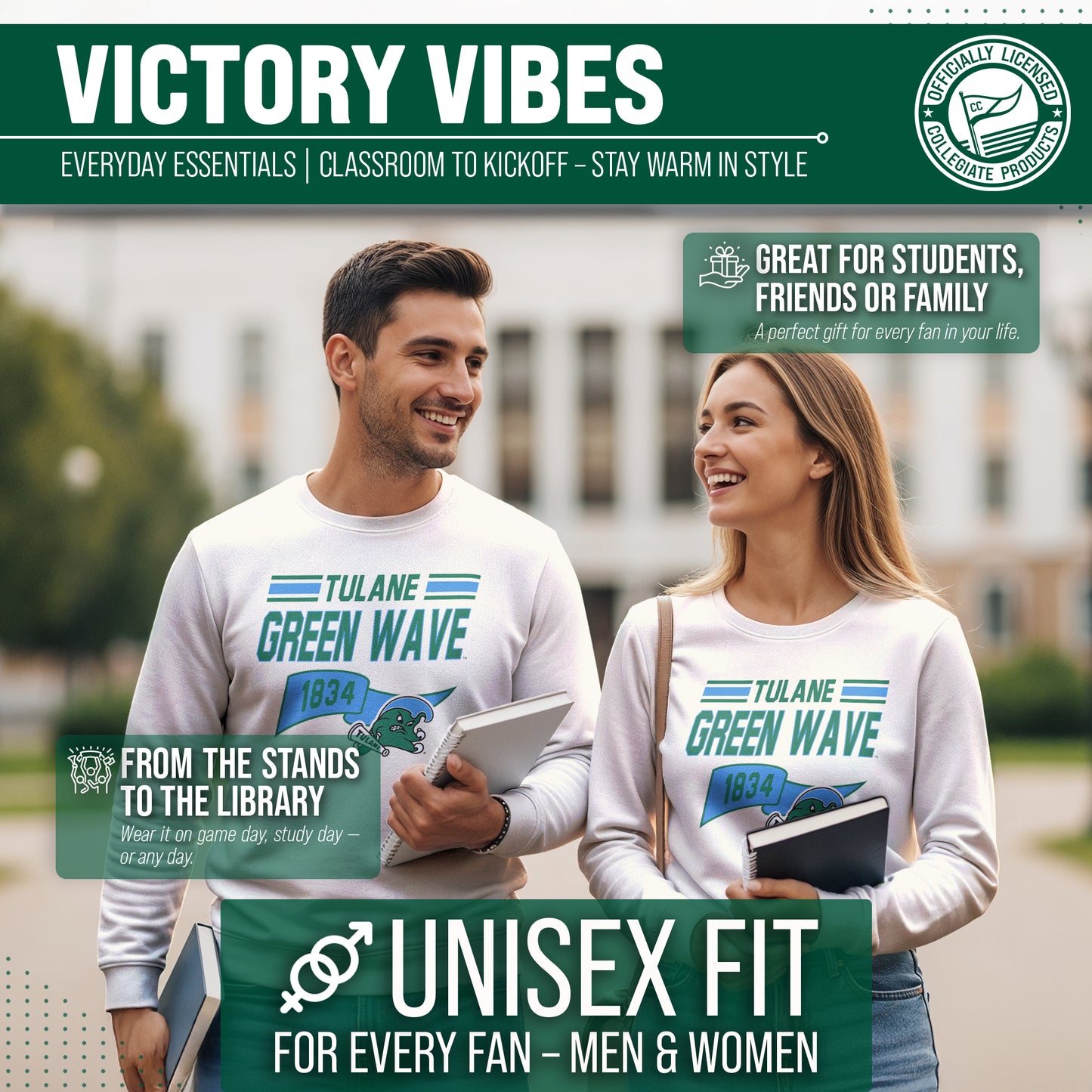 Tulane Green Wave NCAA Adult Unisex Varsity Club Pennant Crewneck Fleece Sweatshirt - Off White