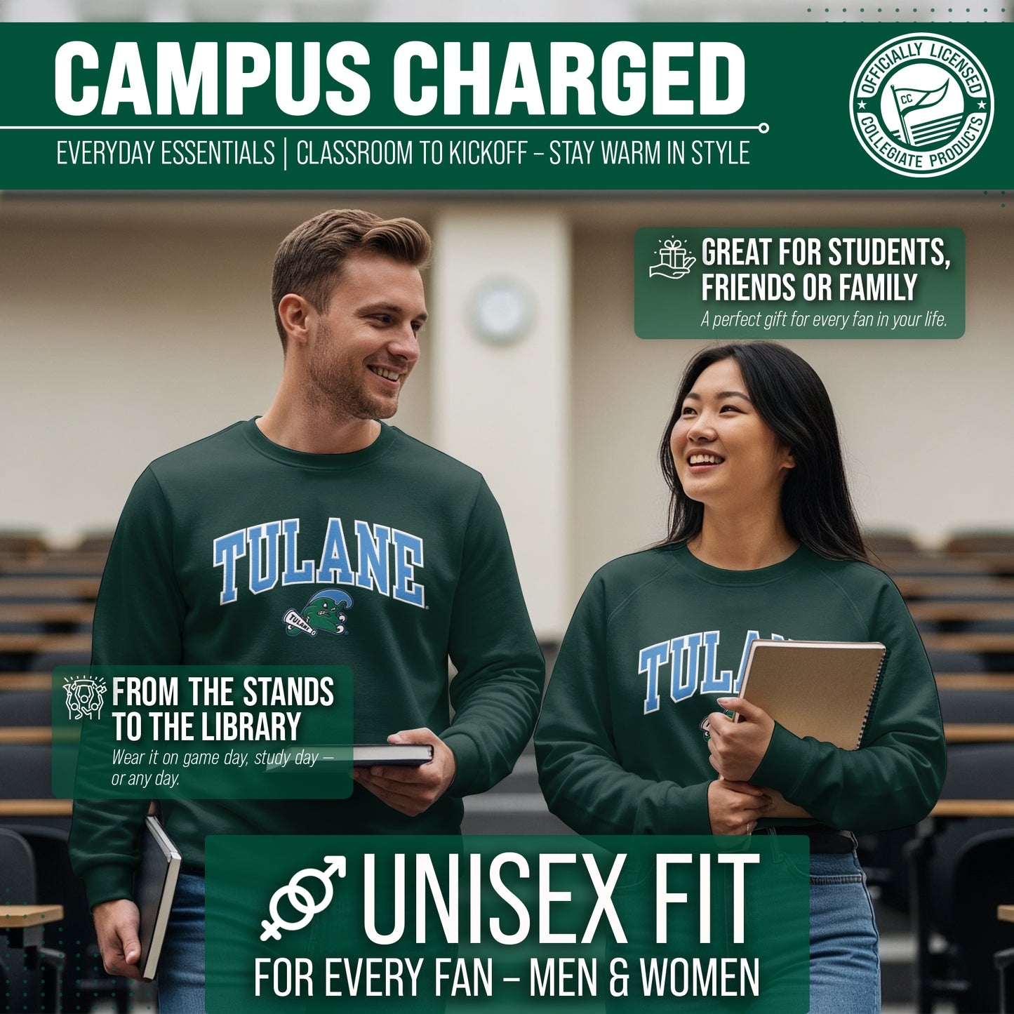 Tulane Green Wave NCAA Adult Tackle Twill Crewneck Sweatshirt - Green