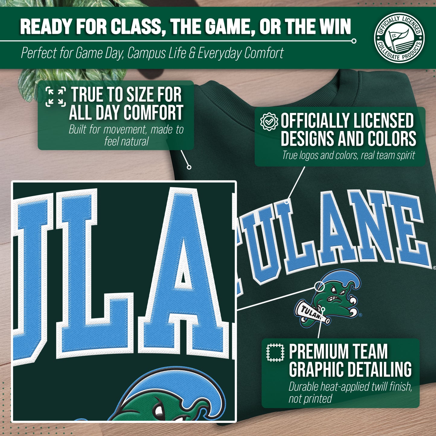 Tulane Green Wave NCAA Adult Tackle Twill Crewneck Sweatshirt - Green
