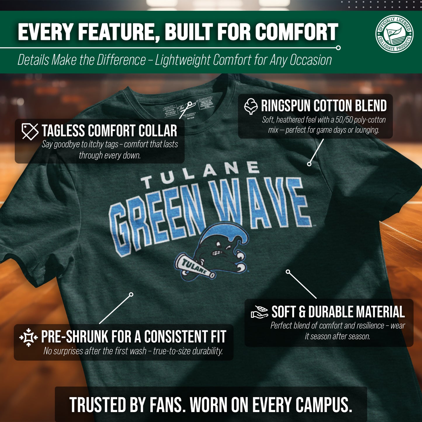 Tulane Green Wave NCAA Adult Unisex Starting Fresh T-Shirt - Forest Green Heather