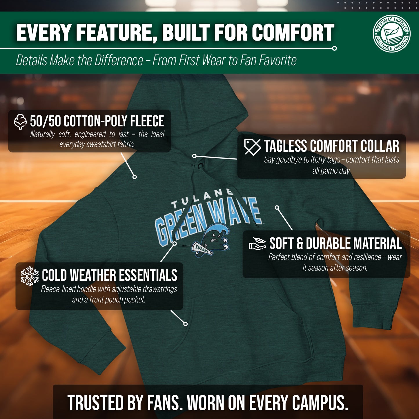 Tulane Green Wave NCAA Adult Unisex Starting Fresh Heathered Hooded Fleece Sweatshirt - Forest Green Heather