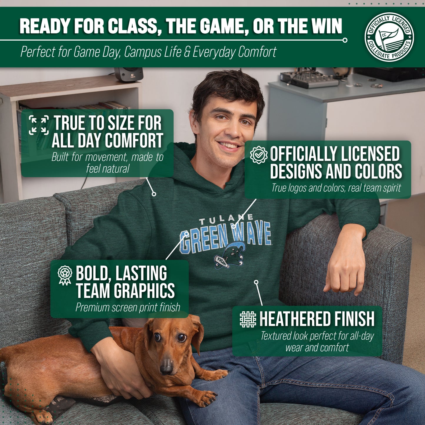 Tulane Green Wave NCAA Adult Unisex Starting Fresh Heathered Hooded Fleece Sweatshirt - Forest Green Heather