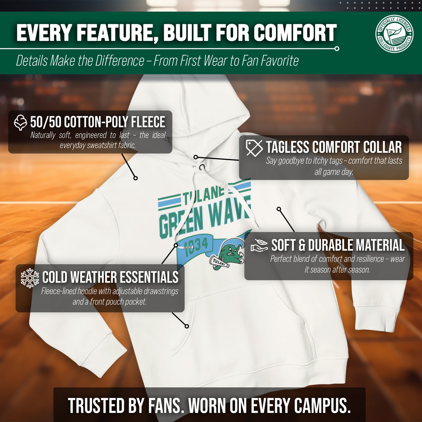 Tulane Green Wave NCAA Adult Unisex Varsity Club Pennant Hooded Fleece Sweatshirt - Off White