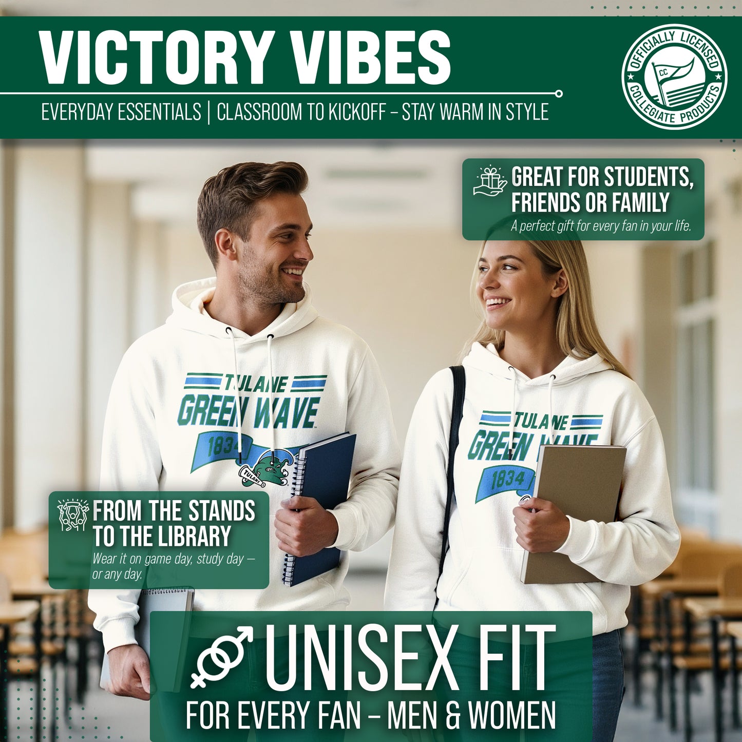 Tulane Green Wave NCAA Adult Unisex Varsity Club Pennant Hooded Fleece Sweatshirt - Off White
