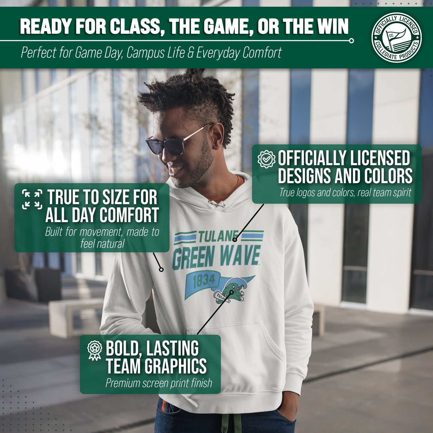 Tulane Green Wave NCAA Adult Unisex Varsity Club Pennant Hooded Fleece Sweatshirt - Off White