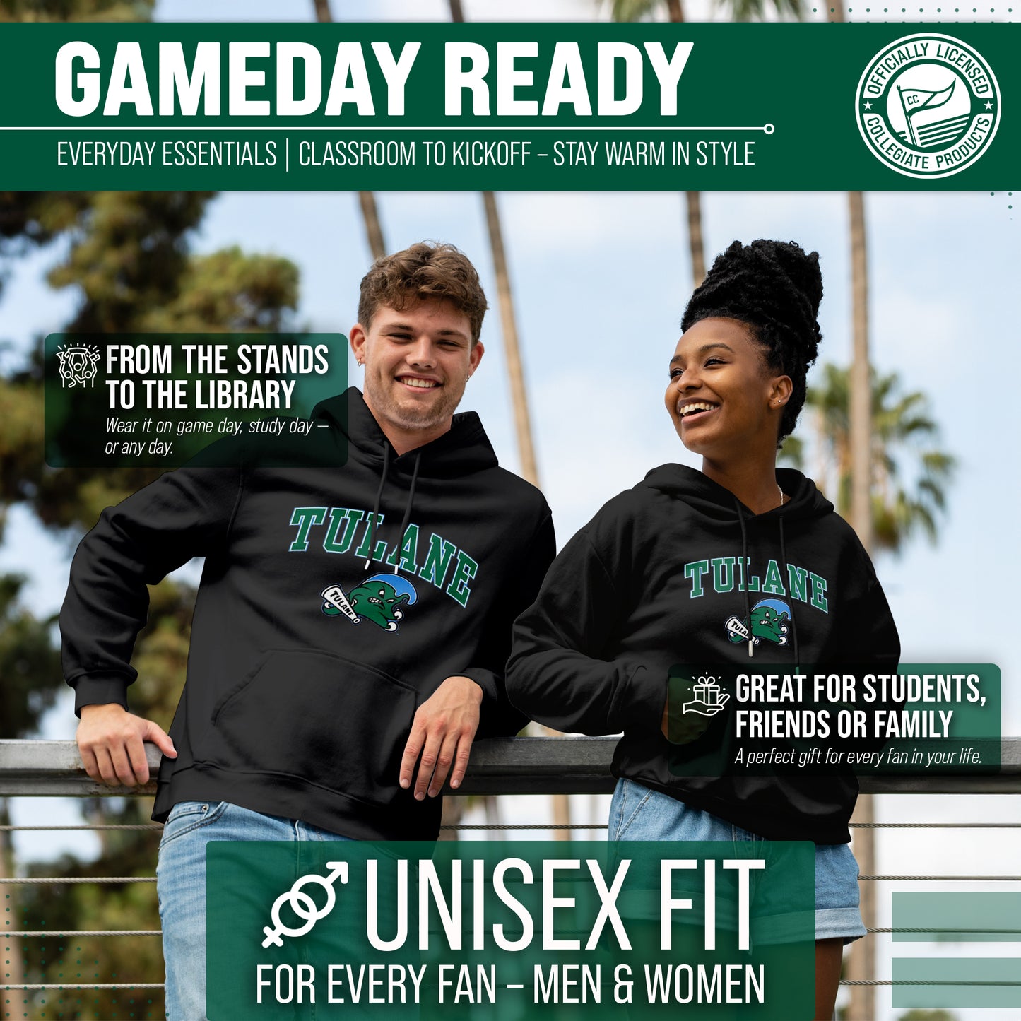 Tulane Green Wave Adult Arch & Logo Soft Style Gameday Hooded Sweatshirt - Black