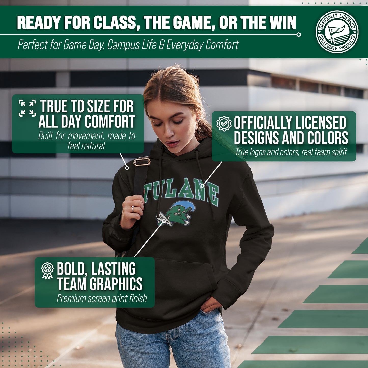 Tulane Green Wave Adult Arch & Logo Soft Style Gameday Hooded Sweatshirt - Black