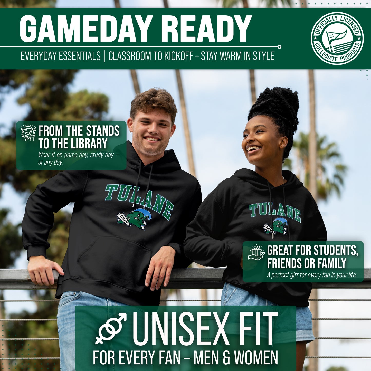 Tulane Green Wave Adult Arch & Logo Soft Style Gameday Hooded Sweatshirt - Black