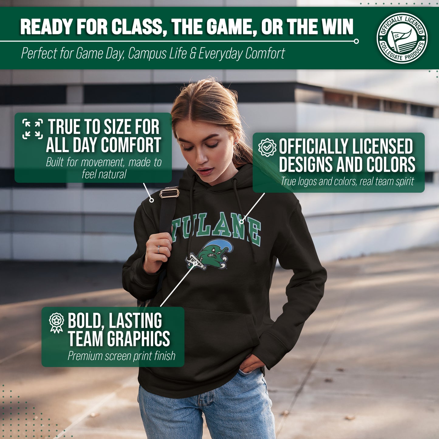 Tulane Green Wave Adult Arch & Logo Soft Style Gameday Hooded Sweatshirt - Black
