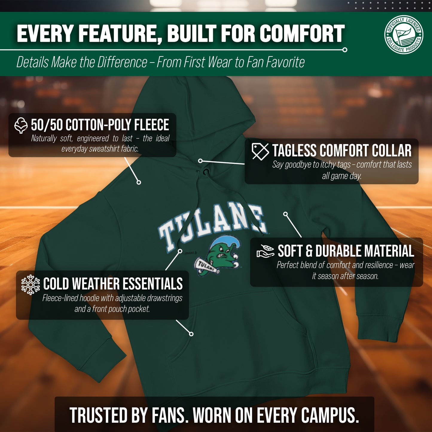 Tulane Green Wave Adult Arch & Logo Soft Style Gameday Hooded Sweatshirt - Green