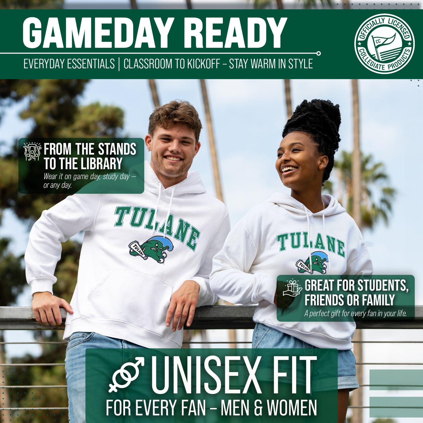 Tulane Green Wave Adult Arch & Logo Soft Style Gameday Hooded Sweatshirt - White
