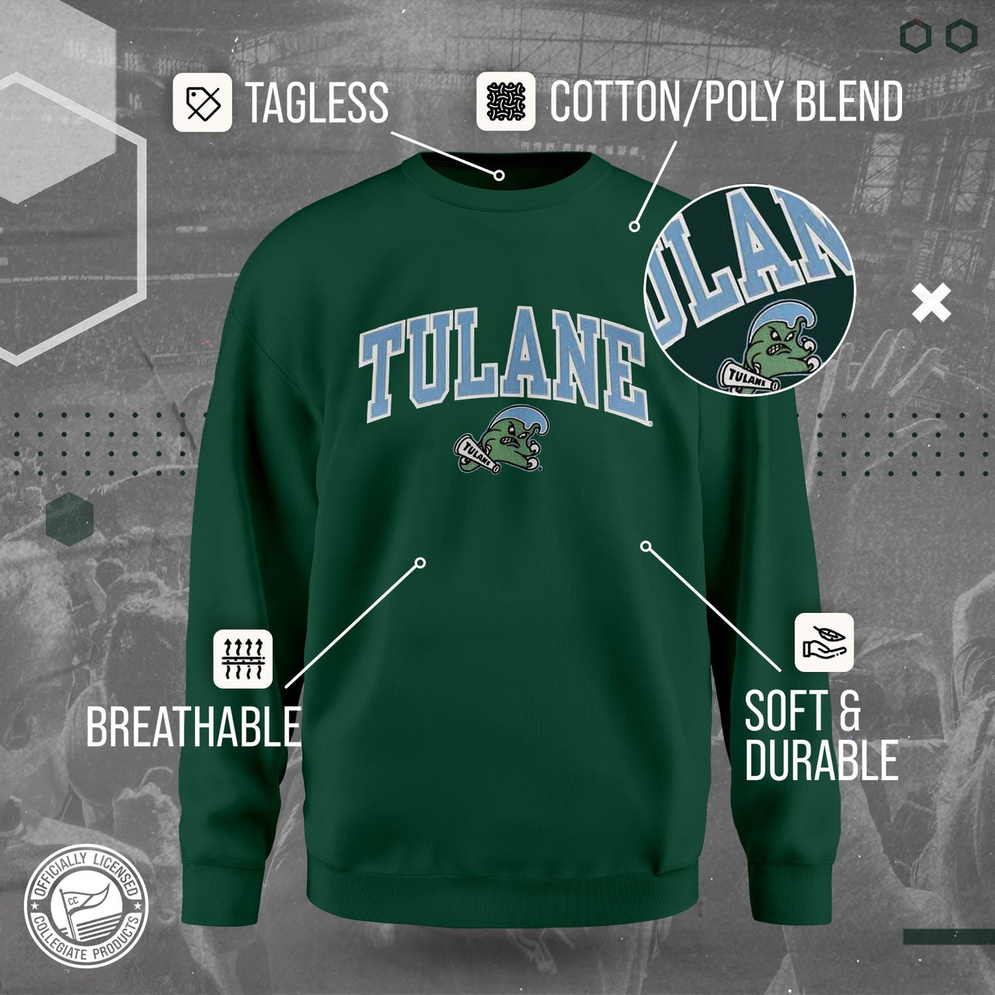 Tulane Green Wave NCAA Adult Tackle Twill Crewneck Sweatshirt - Green
