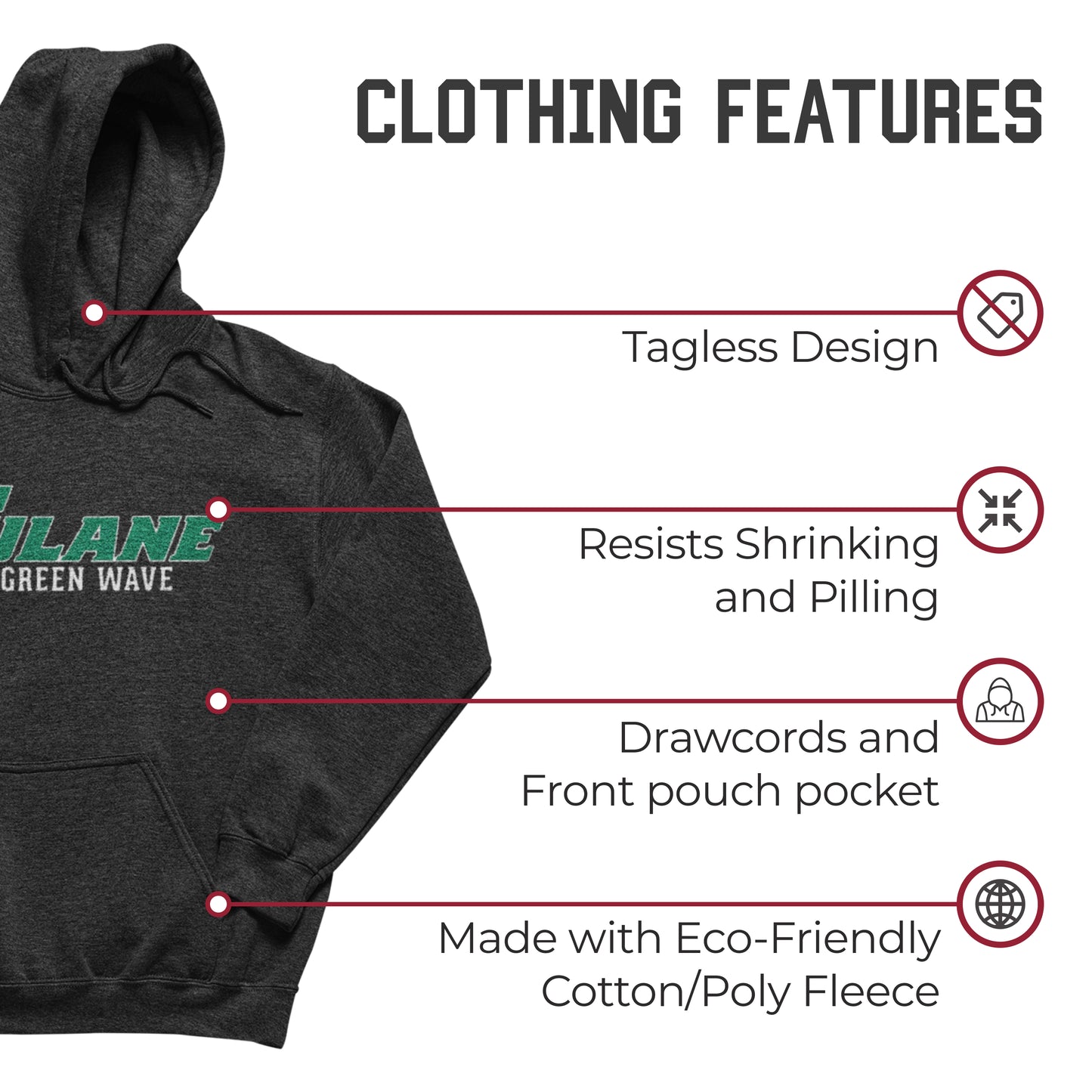 Tulane Green Wave NCAA Adult Cotton Blend Charcoal Hooded Sweatshirt - Charcoal
