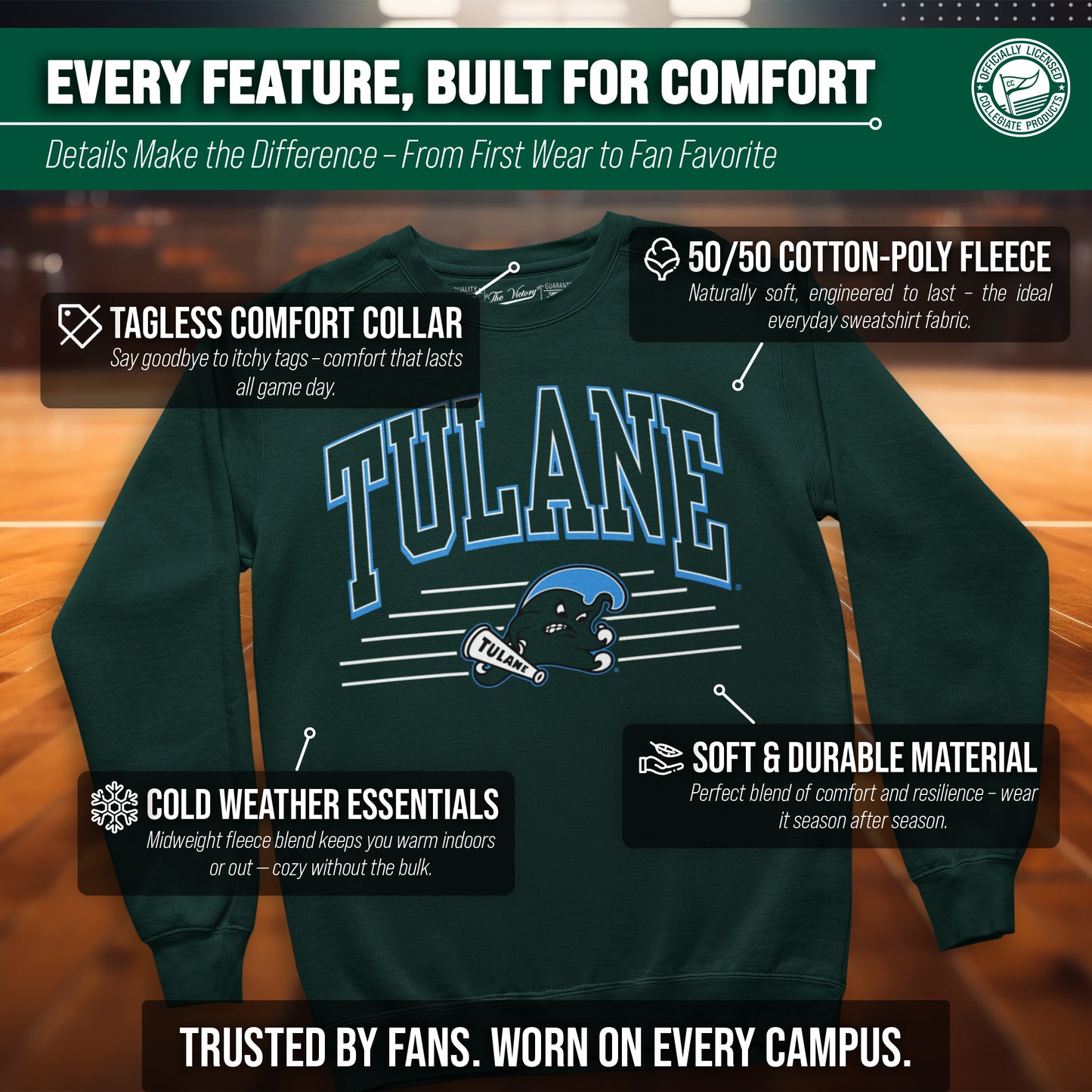 Tulane Green Wave NCAA Adult Unisex Overtime Classics Crewneck Fleece Sweatshirt - Forest Green