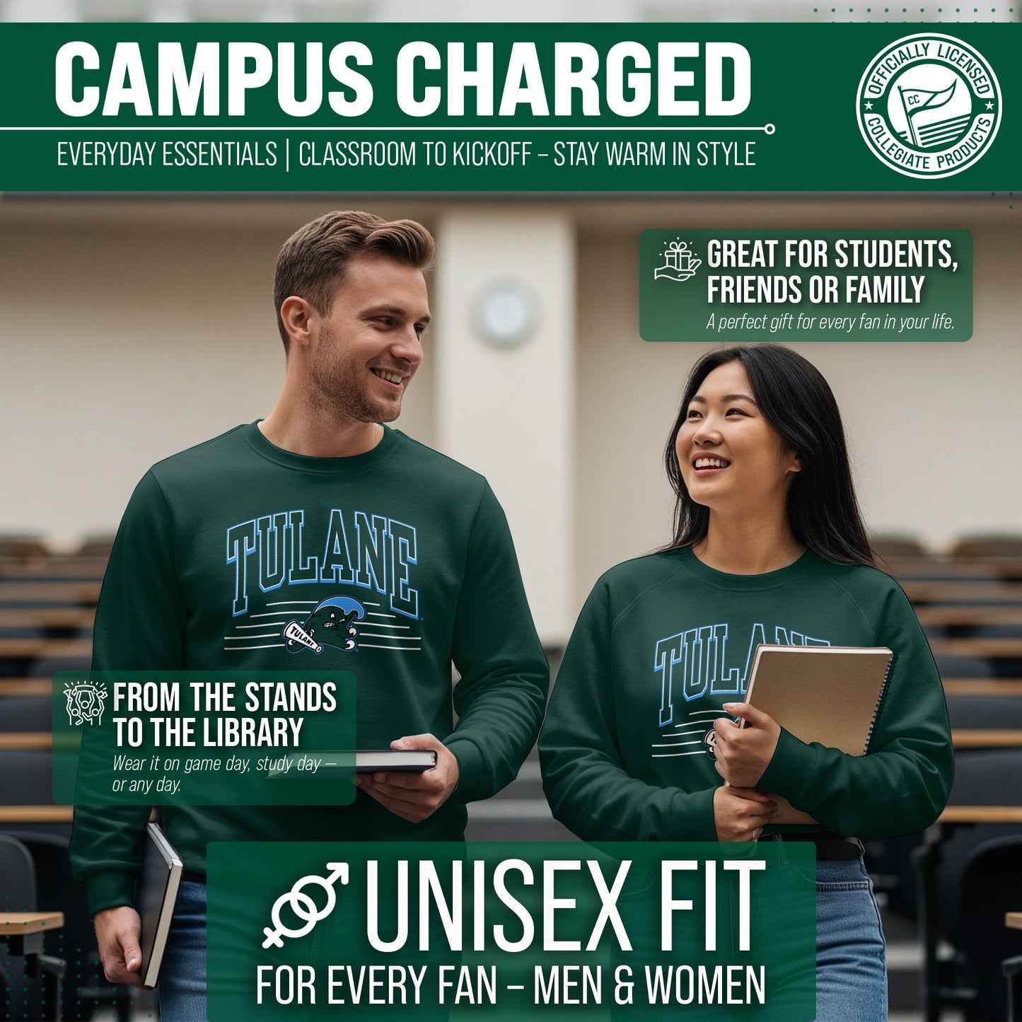 Tulane Green Wave NCAA Adult Unisex Overtime Classics Crewneck Fleece Sweatshirt - Forest Green