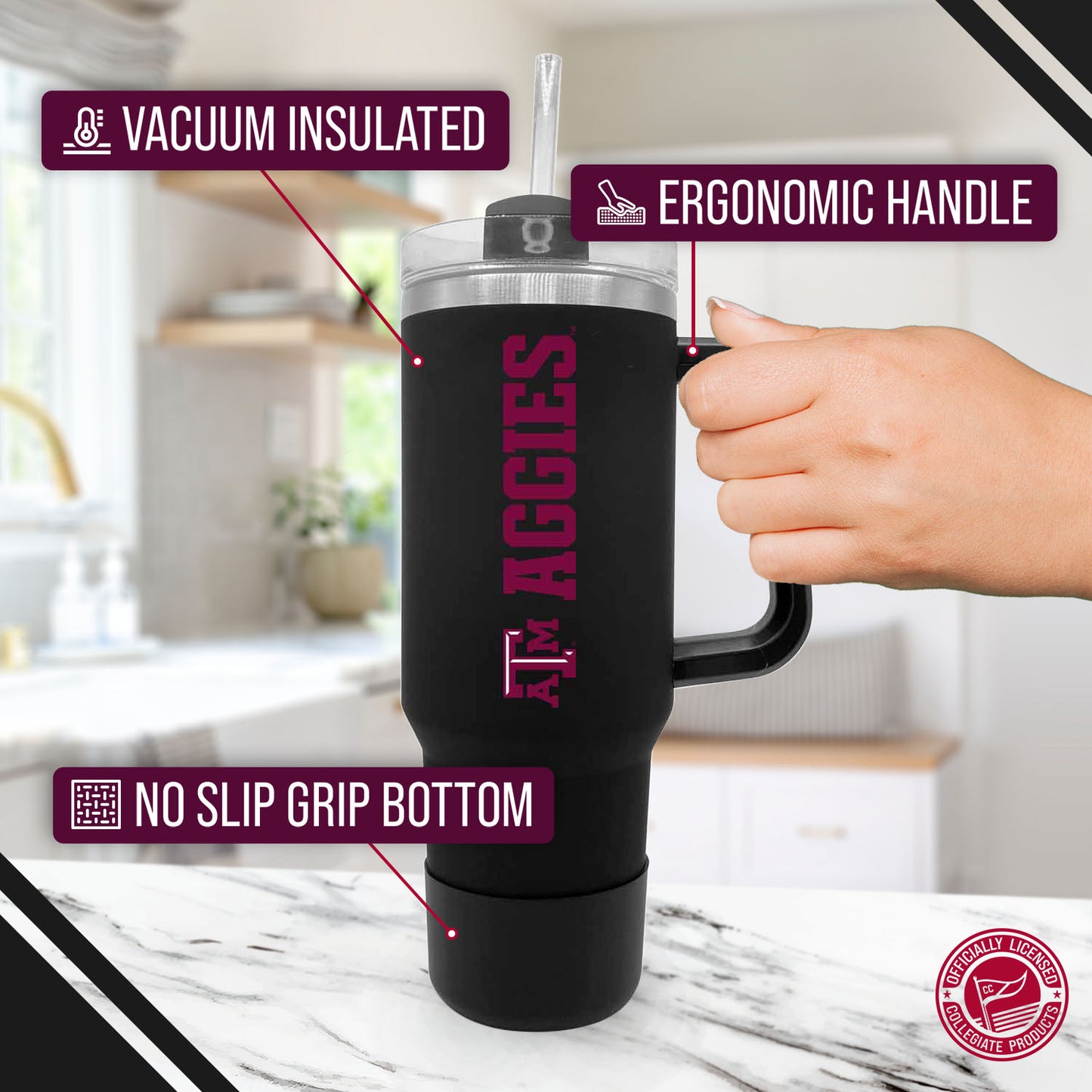 Texas A&M Aggies College & University 40 oz Travel Tumbler With Handle - Black