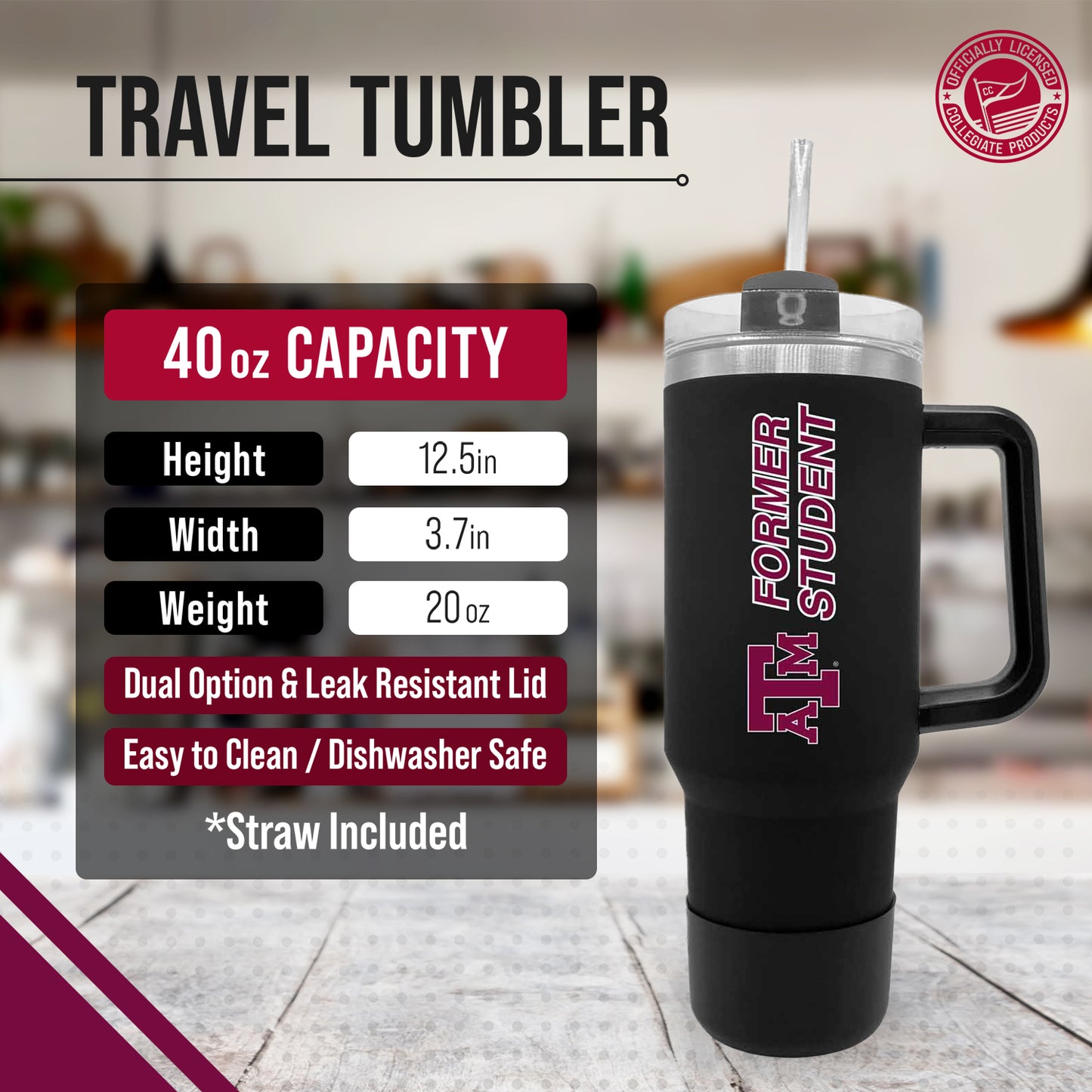 Texas A&M Aggies Collegiate 40oz Stainless Steel Travel Tumbler with Handle for Alumni - Black
