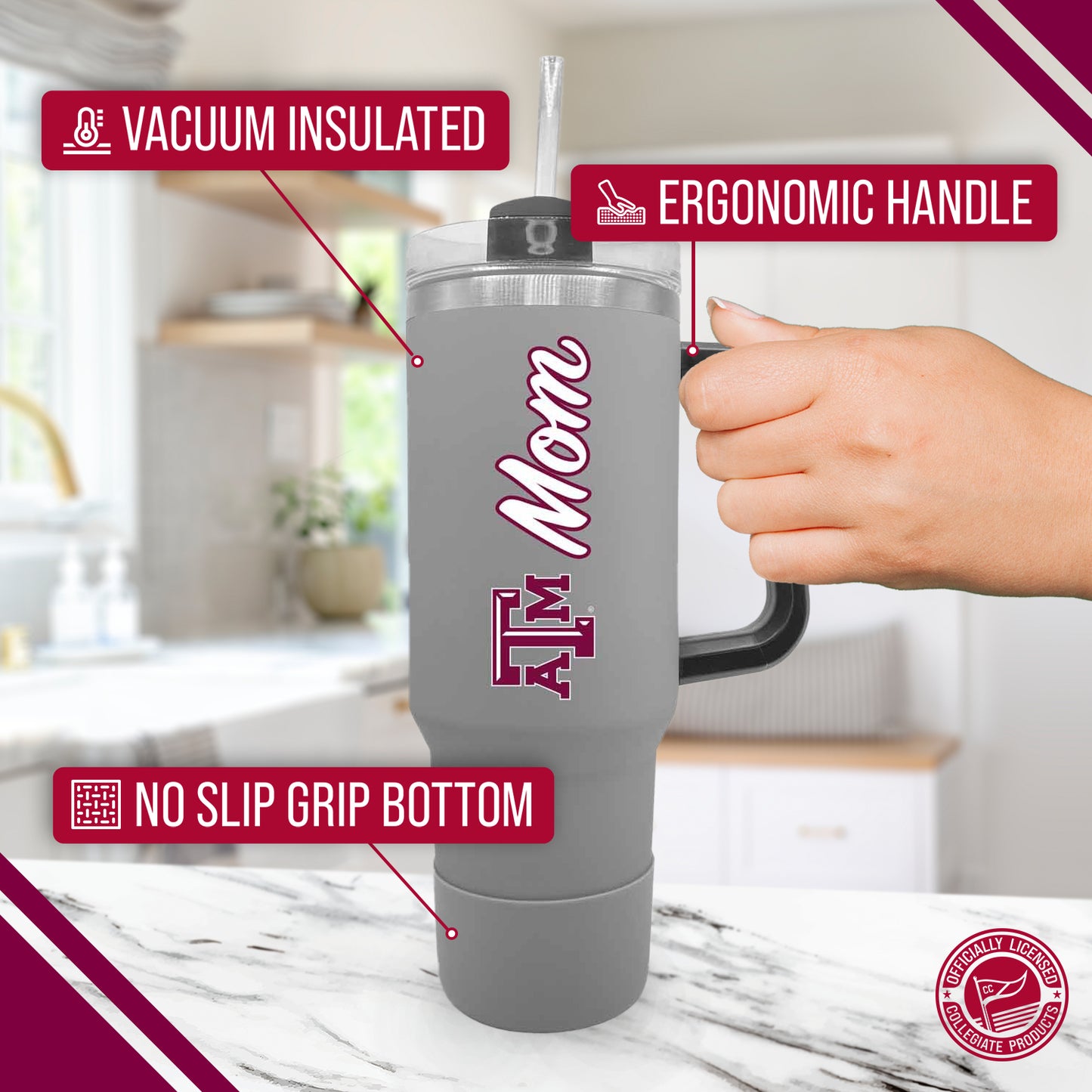 Texas A&M Aggies Collegiate 40oz Stainless Steel Travel Tumbler with Handle for Dad - Gray