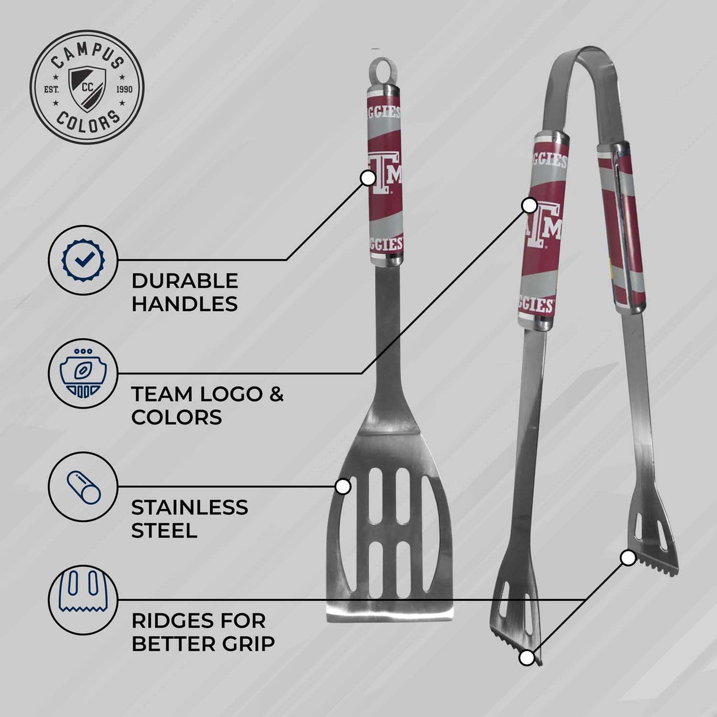 Texas A&M Aggies Collegiate University Two Piece Grilling Tools Set with 2 Magnet Chip Clips - Chrome