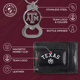 Texas A&M Aggies School Logo Leather Card/Cash Holder and Bottle Opener Keychain Bundle - Black