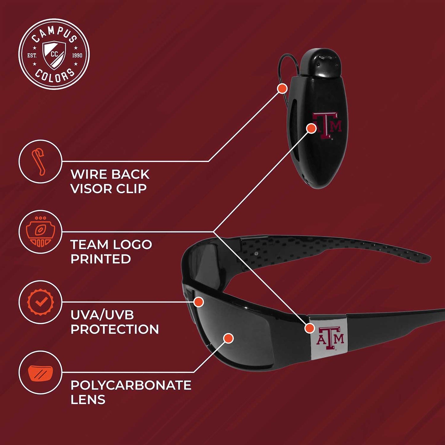 Texas A&M Aggies NCAA Black Chrome Sunglasses with Visor Clip Bundle - Black