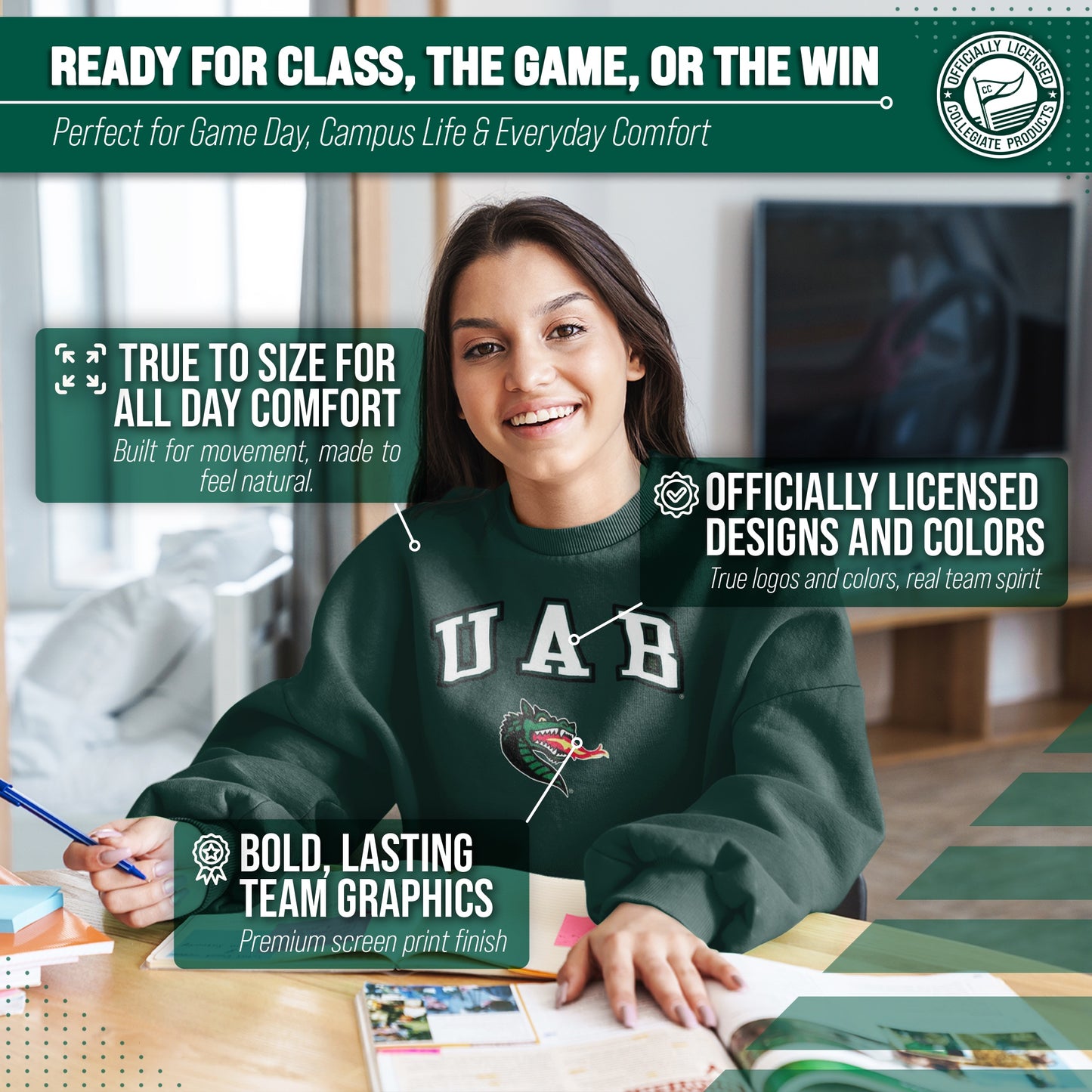 UAB Blazers Adult Arch & Logo Soft Style Gameday Crewneck Sweatshirt - Green