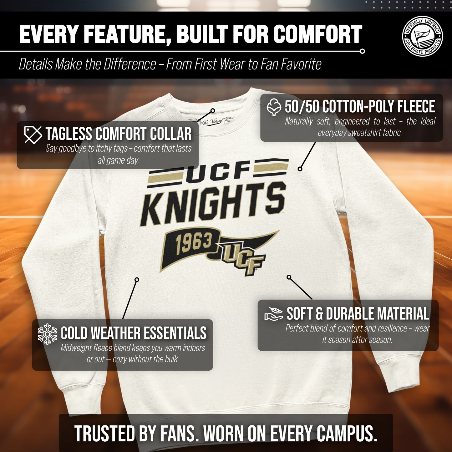 Central Florida Knights NCAA Adult Unisex Varsity Club Pennant Crewneck Fleece Sweatshirt - Off White