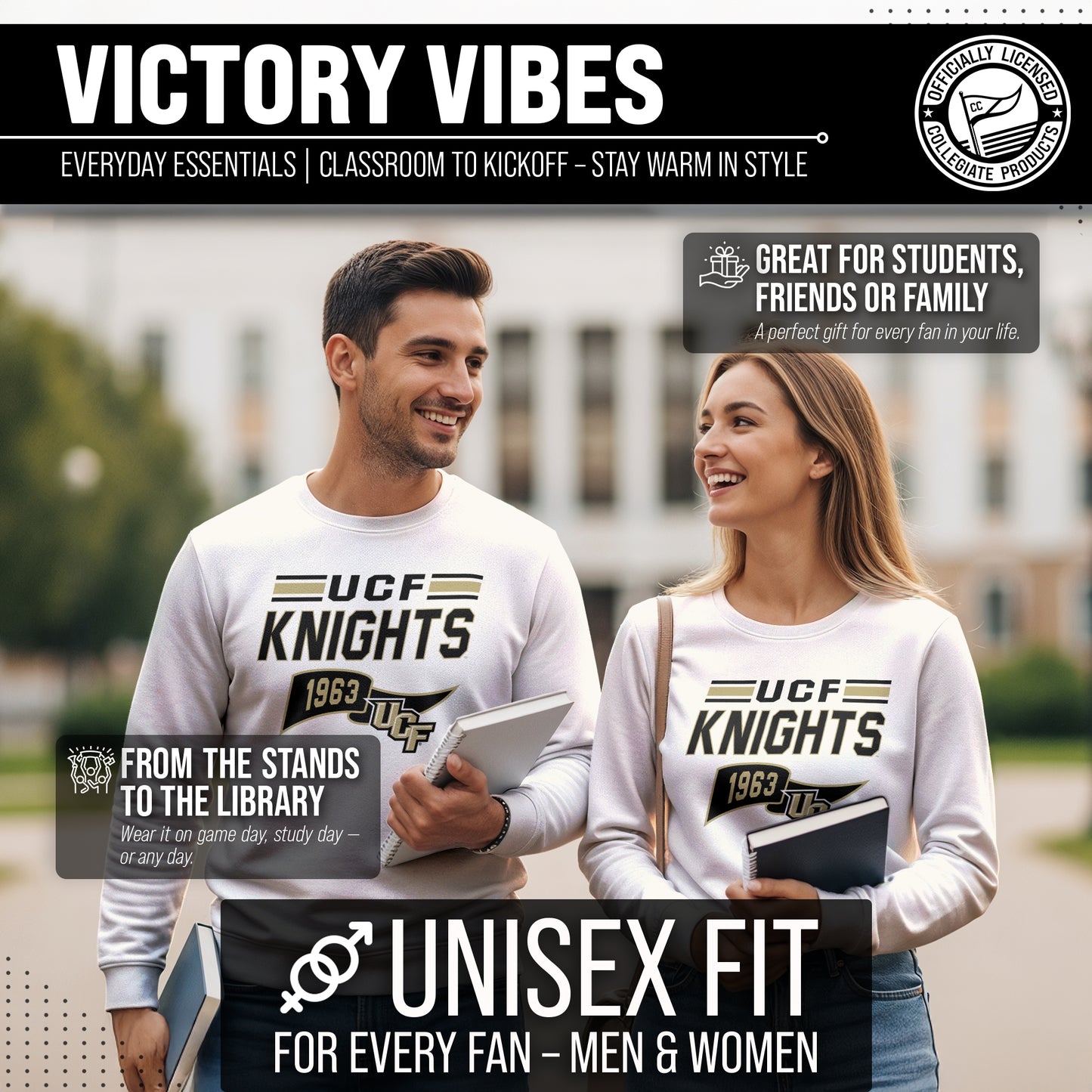 Central Florida Knights NCAA Adult Unisex Varsity Club Pennant Crewneck Fleece Sweatshirt - Off White