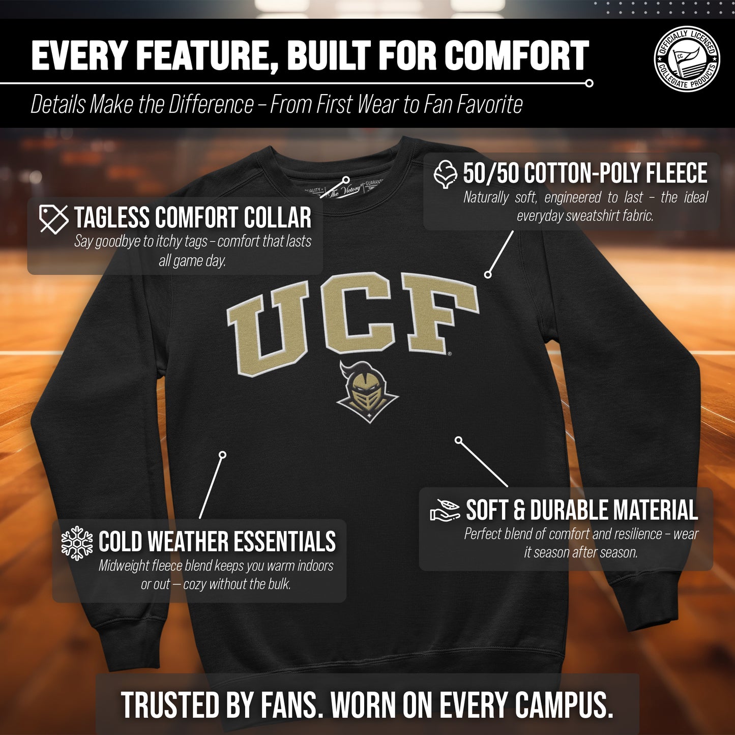 Central Florida Knights NCAA Adult Tackle Twill Crewneck Sweatshirt - Black