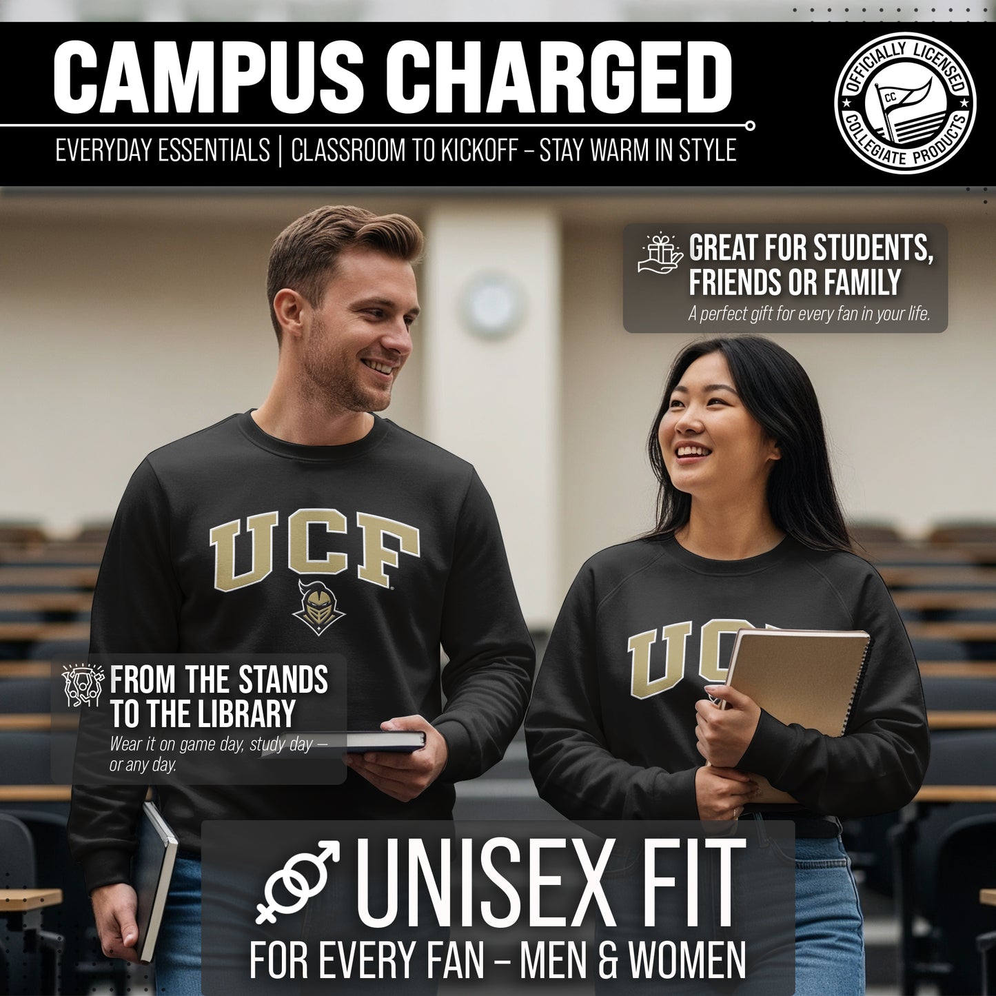 Central Florida Knights NCAA Adult Tackle Twill Crewneck Sweatshirt - Black