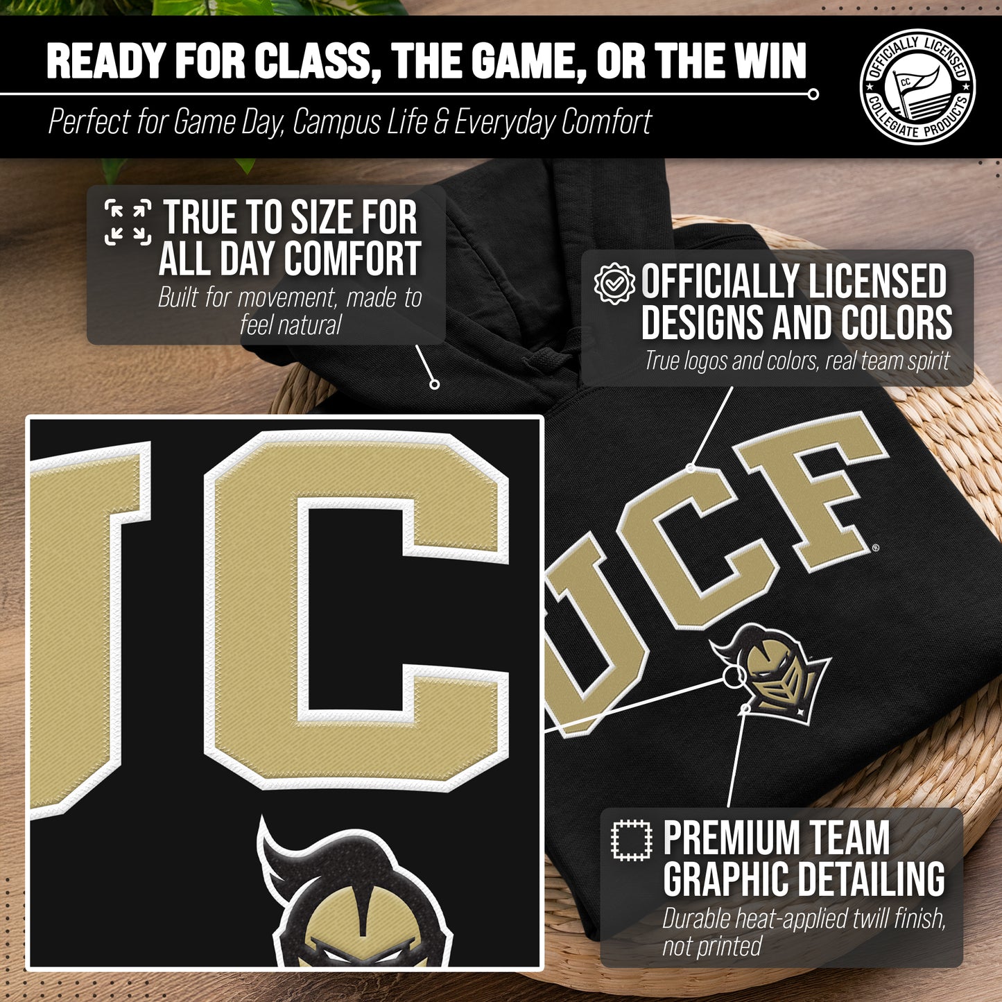 Central Florida Knights NCAA Adult Tackle Twill Hooded Sweatshirt - Black