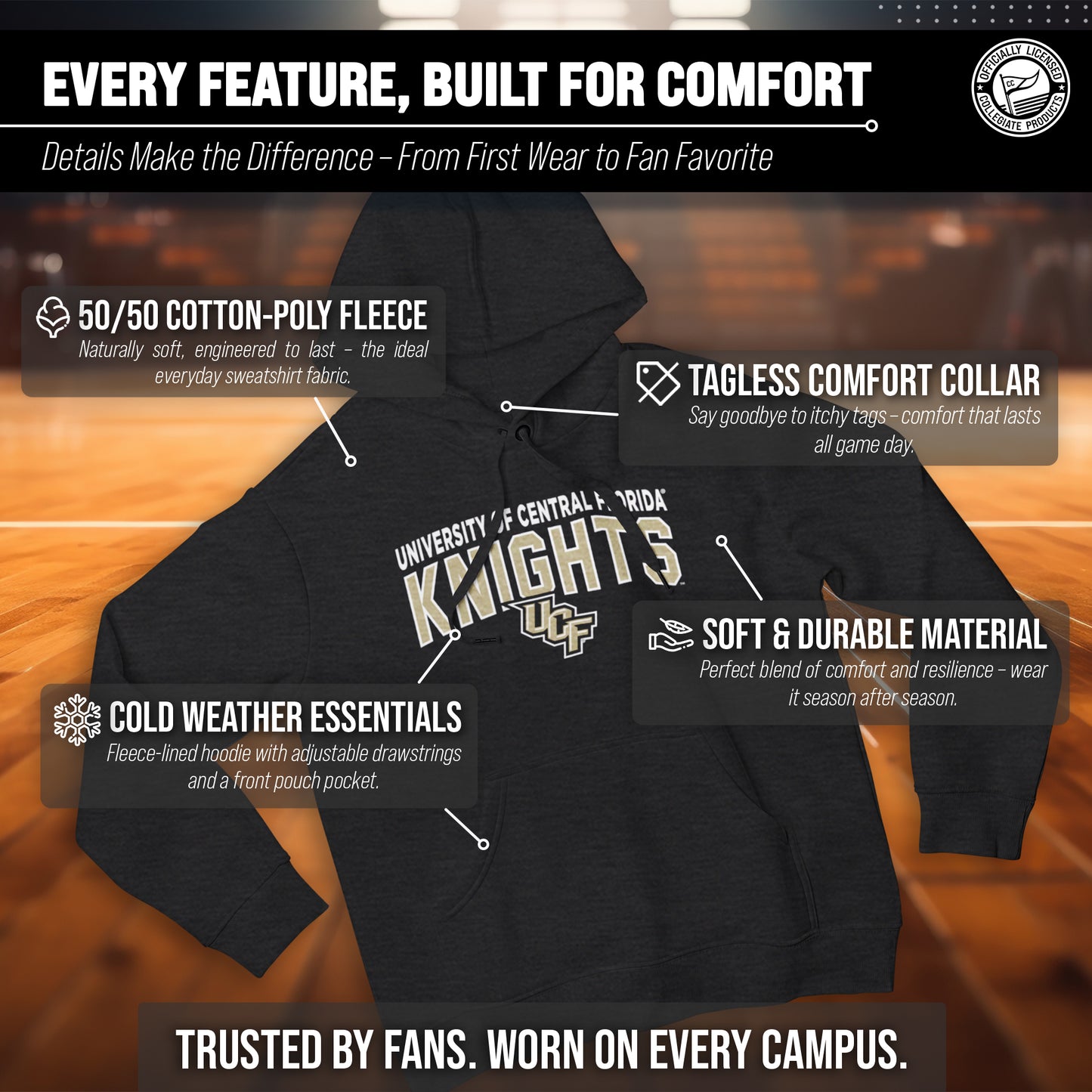 Central Florida Knights NCAA Adult Unisex Starting Fresh Heathered Hooded Fleece Sweatshirt - Black Heather