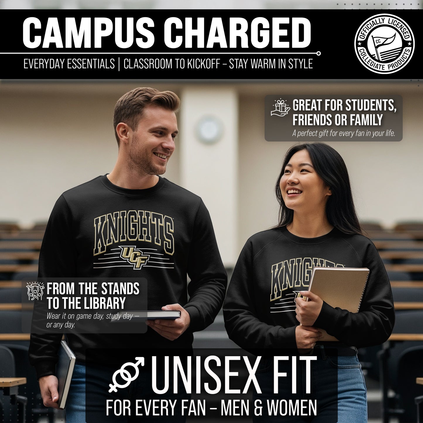 Central Florida Knights NCAA Adult Unisex Overtime Classics Crewneck Fleece Sweatshirt - Black