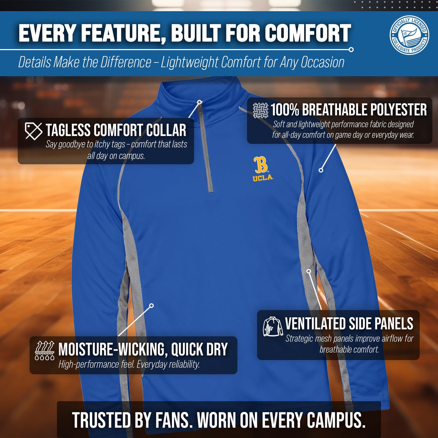 UCLA Bruins Mens NCAA Campus Classic Long Sleeve 1/4 Zip Windshirt - Royal