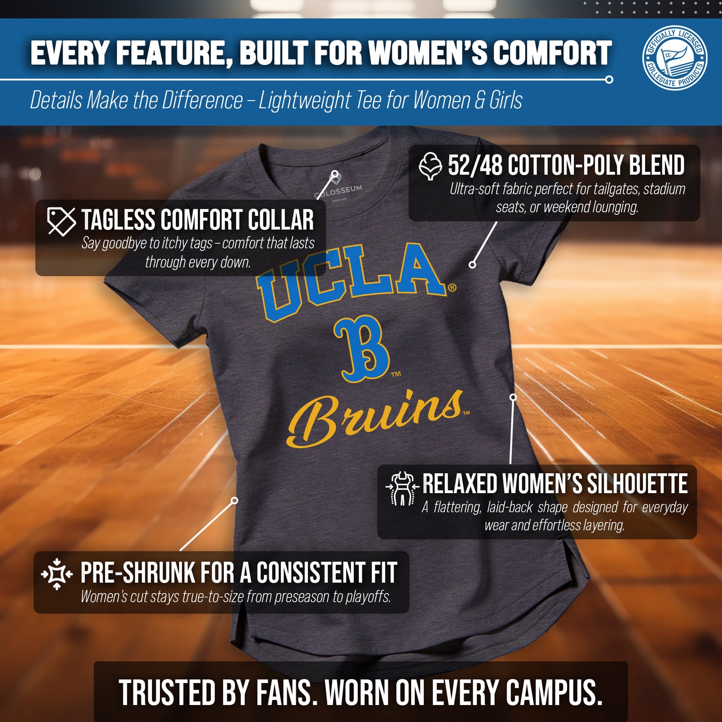 UCLA Bruins NCAA Womens Tag-Less Ultra Soft Tailgate T-Shirt - Black Heather