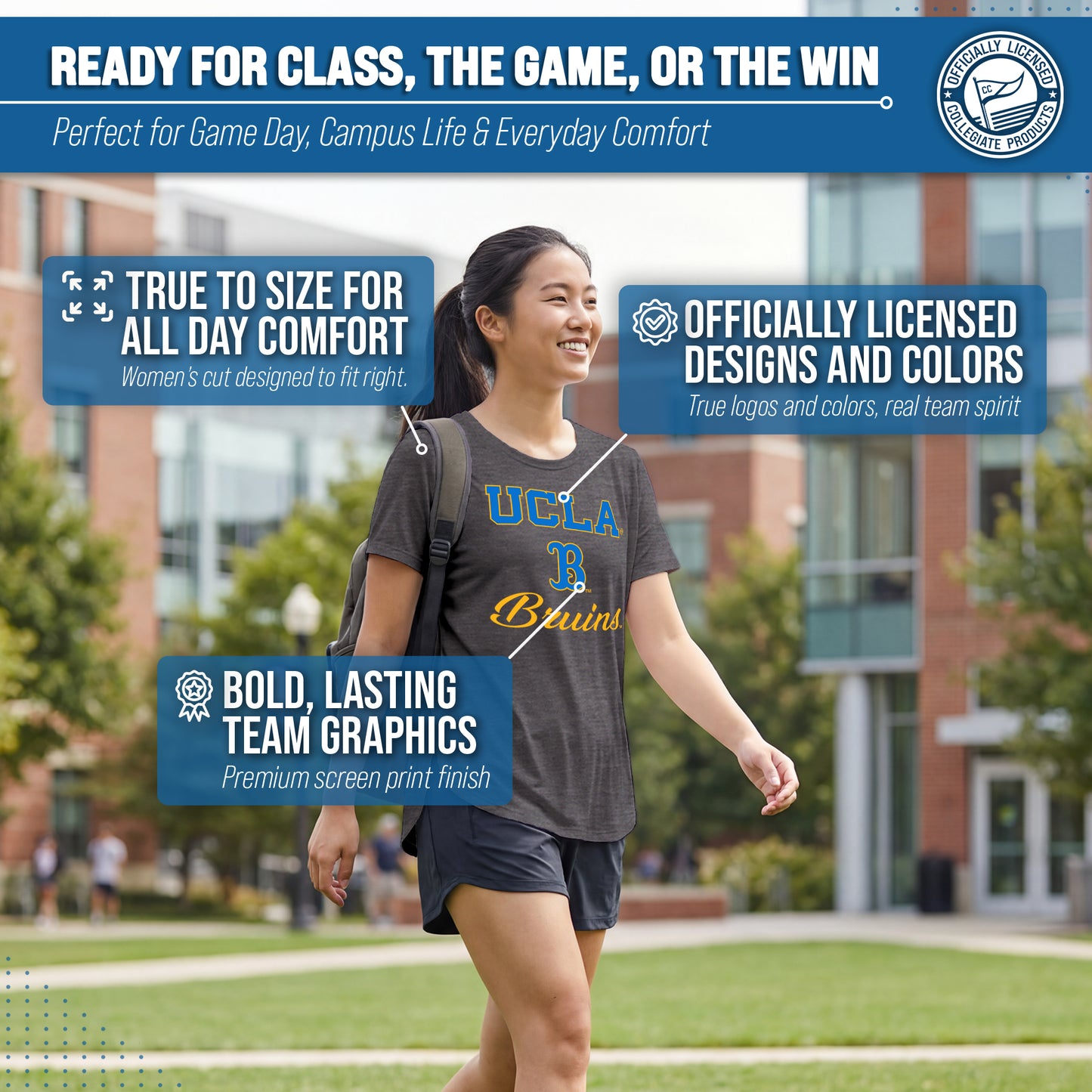 UCLA Bruins NCAA Womens Tag-Less Ultra Soft Tailgate T-Shirt - Black Heather